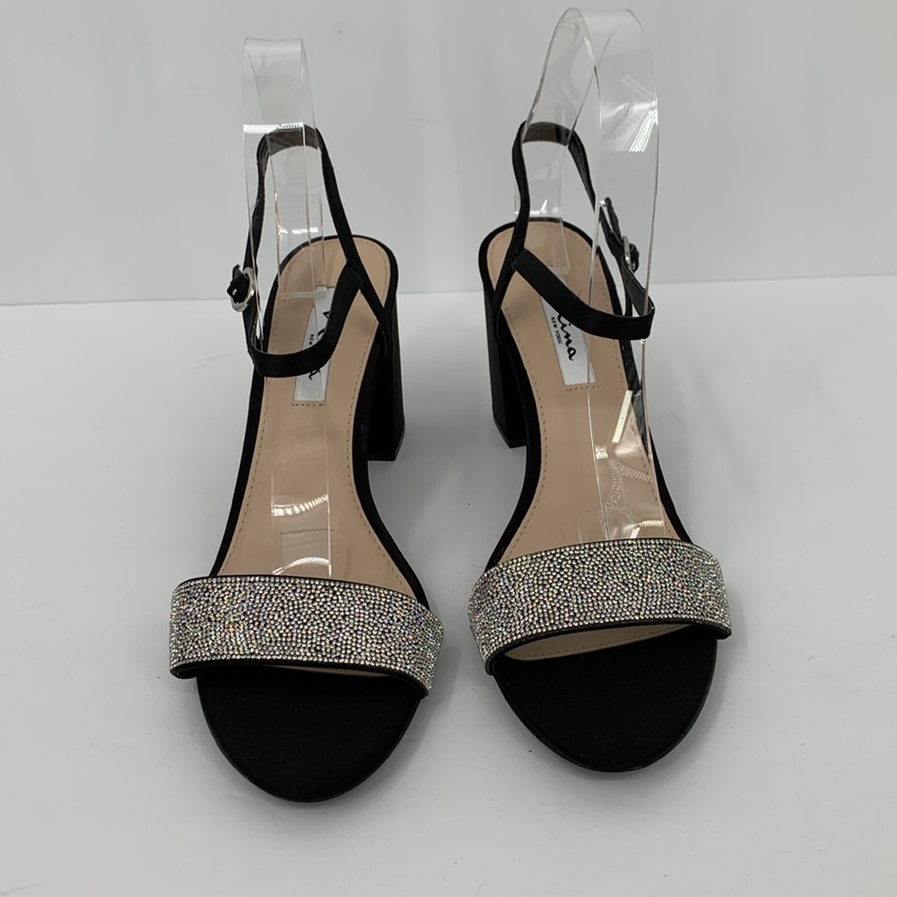 Nina Haven block heel black satin shoe sandal dressy clear crystal rhinestone 10 - Picture 3 of 6